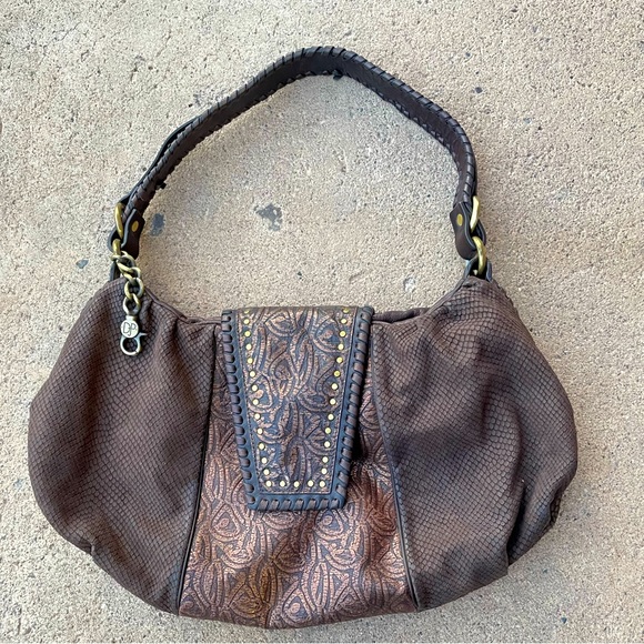 Donald J Pliner Brown Leather Snake Print Studded Shoulder Bag - Picture 1 of 6